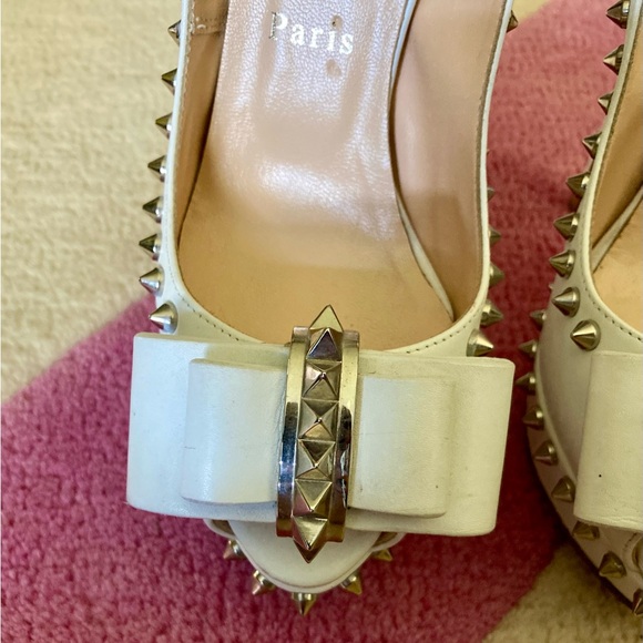 Christian Louboutin White Lady Clou 150 Spikes Studded Peep Toe Pumps Heels 37 - Picture 3 of 11